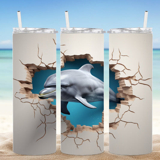 3D Dolphin out of a Wall, Printable Tumbler Design, 20 oz Tumbler Sublimation Design, PNG, Straight and Tapered Tumbler Wrap