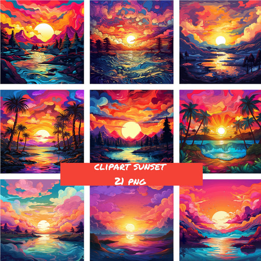 21 png Sunset Portraits PNG Files, Illustration Prints Card Making Craft Sunrise JPG Sunset Sublimation Clipart Design